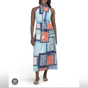 Vibrant Patchwork Midi Dress in Blue and Red